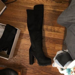 Black thigh high platform heeled boots
